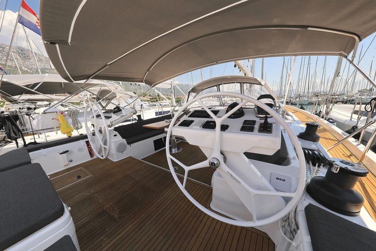 Cockpit of Nausicaa II, a Hanse Yachts Hanse 588 sailboat at Salerno, Italy
