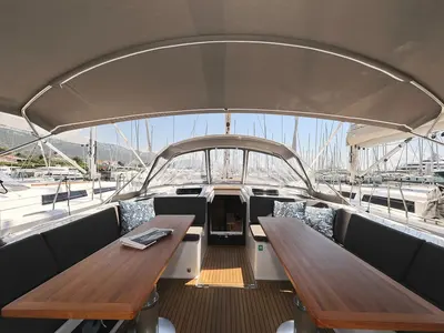Deck of Nausicaa II, a Hanse Yachts Hanse 588 sailboat at Salerno, Italy