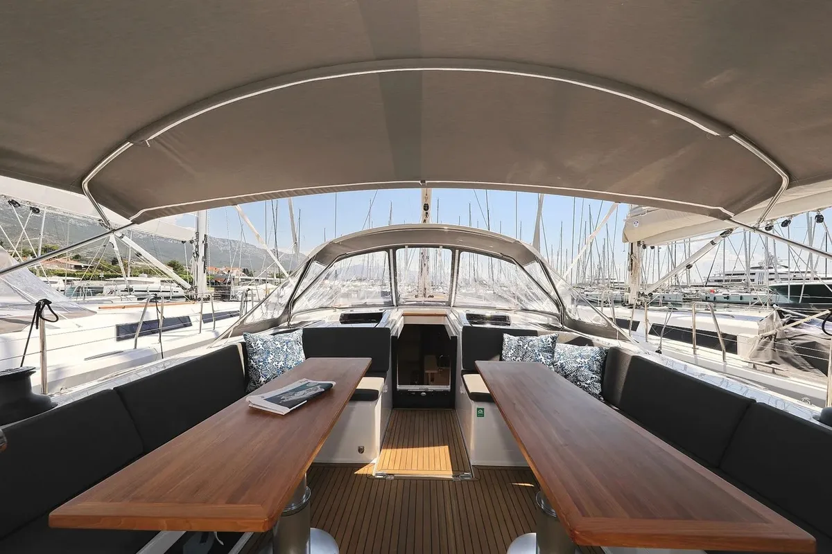 Deck of Nausicaa II, a Hanse Yachts Hanse 588 sailboat at Salerno, Italy
