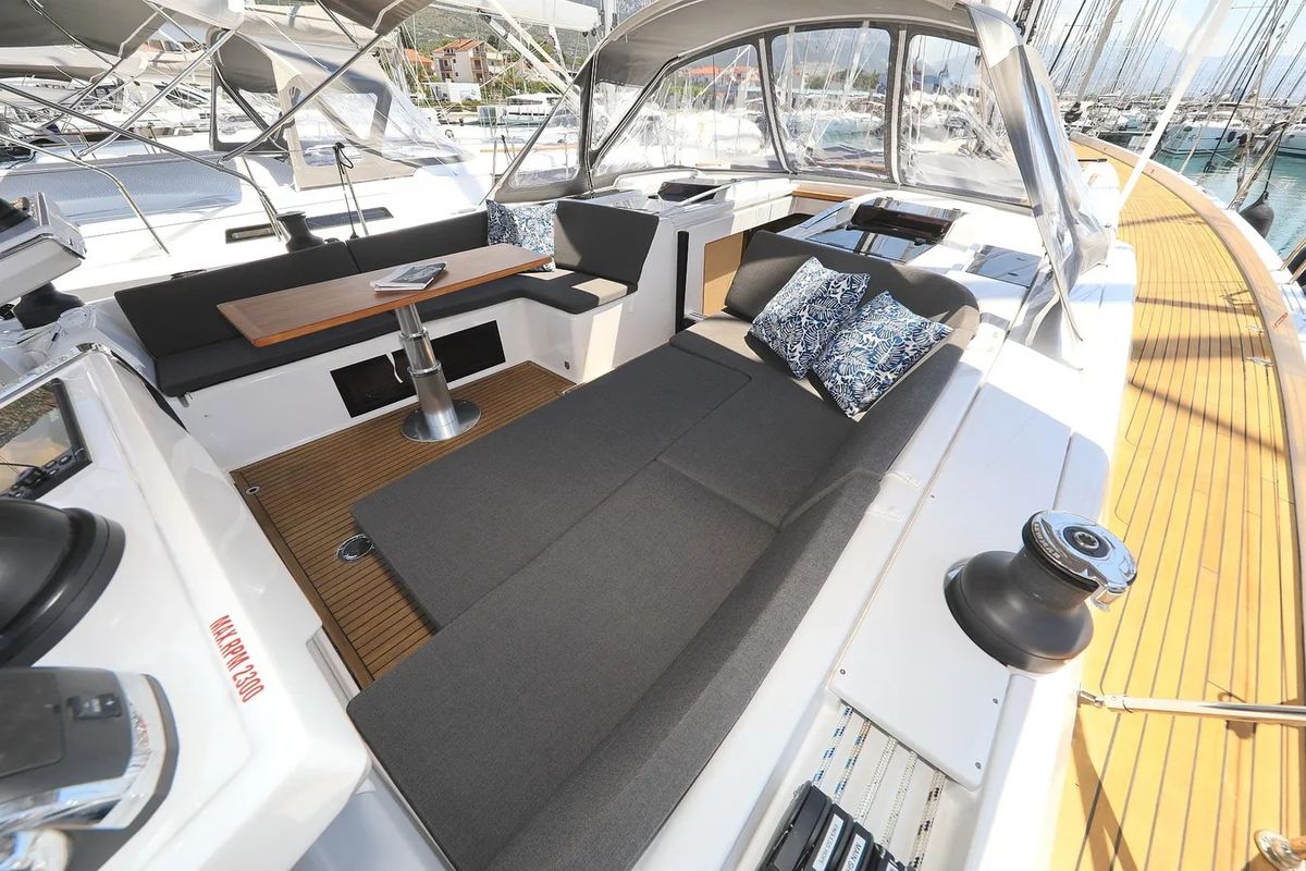 Deck of Nausicaa II, a Hanse Yachts Hanse 588 sailboat at Salerno, Italy