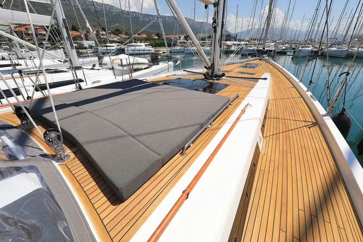 Deck of Nausicaa II, a Hanse Yachts Hanse 588 sailboat at Salerno, Italy