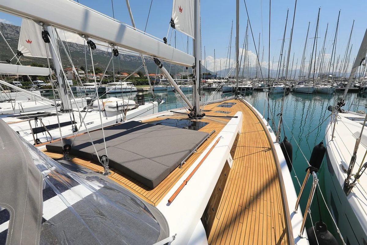 Deck of Nausicaa II, a Hanse Yachts Hanse 588 sailboat at Salerno, Italy