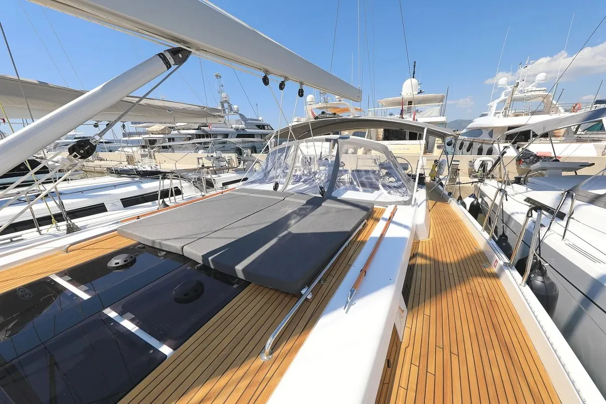 Deck of Nausicaa II, a Hanse Yachts Hanse 588 sailboat at Salerno, Italy