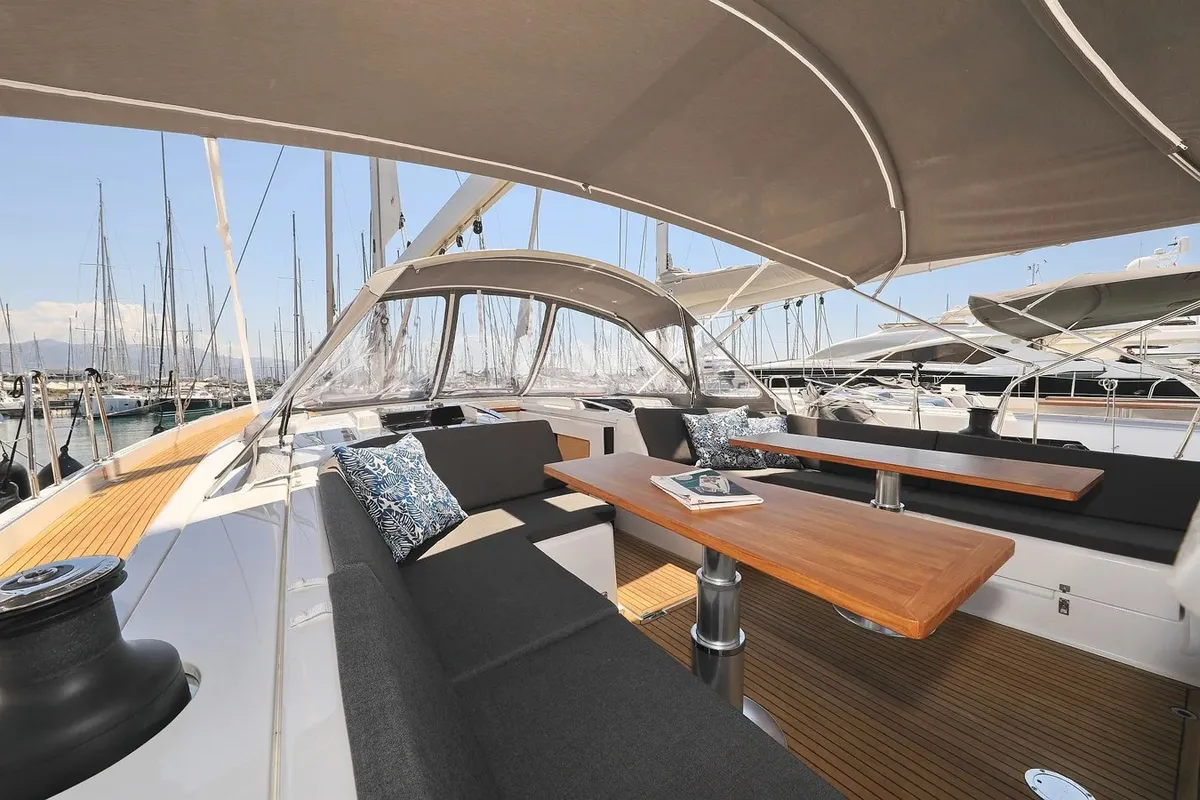 Deck of Nausicaa II, a Hanse Yachts Hanse 588 sailboat at Salerno, Italy