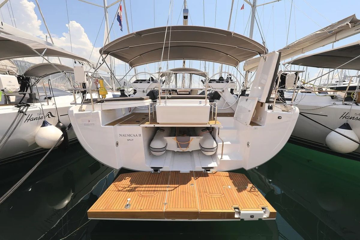 Exterior view of Nausicaa II, a Hanse Yachts Hanse 588 sailboat at Salerno, Italy