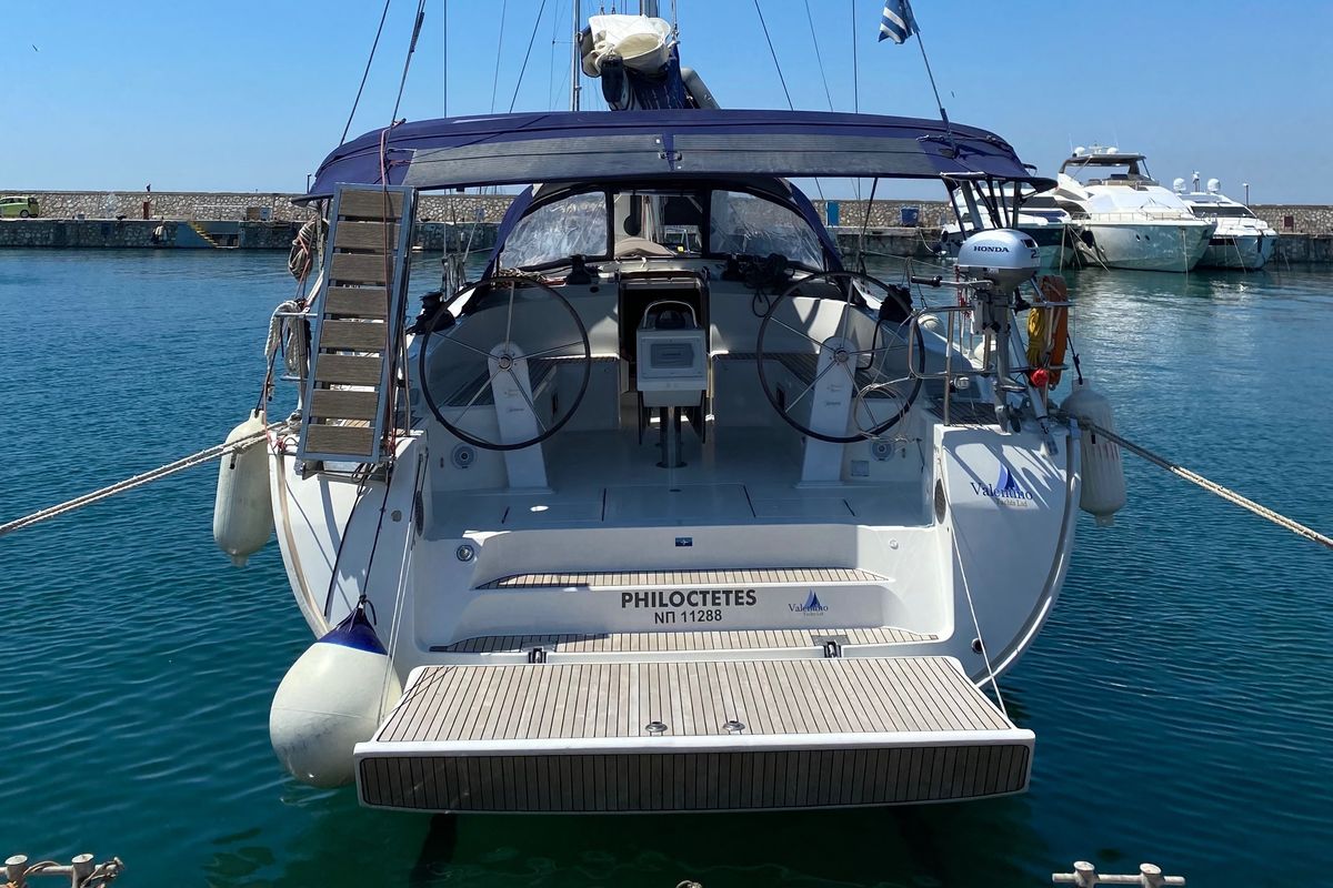Exterior view of Philoctetes, a Bavaria Cruiser 51 sailboat at Athens, Greece