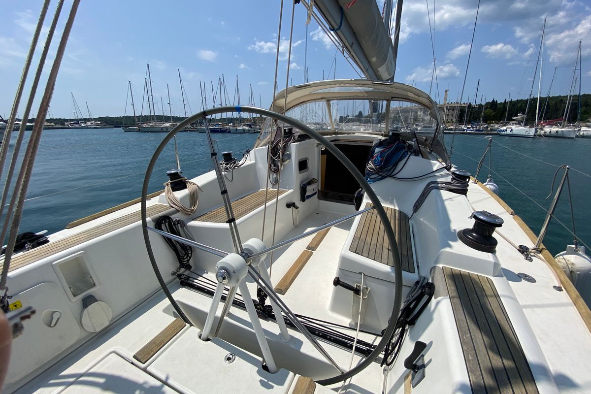 Cockpit of NIKE, a Beneteau First 35 sailboat at Grad Pula, Croatia