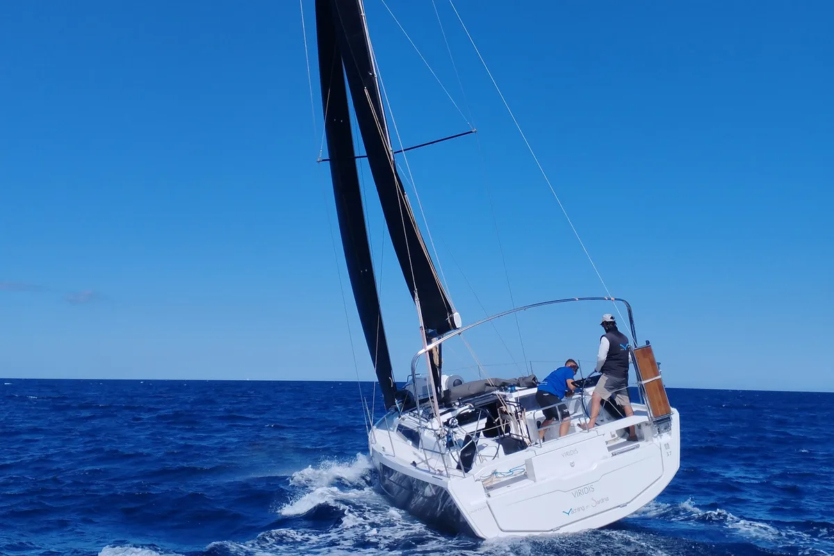 Exterior view of Viridis, a Dufour 37 sailboat at Olbia, Italy