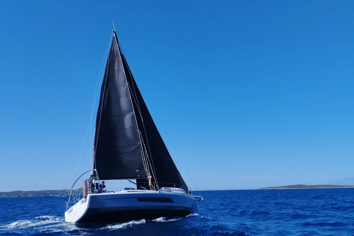Exterior view of Viridis, a Dufour 37 sailboat at Olbia, Italy