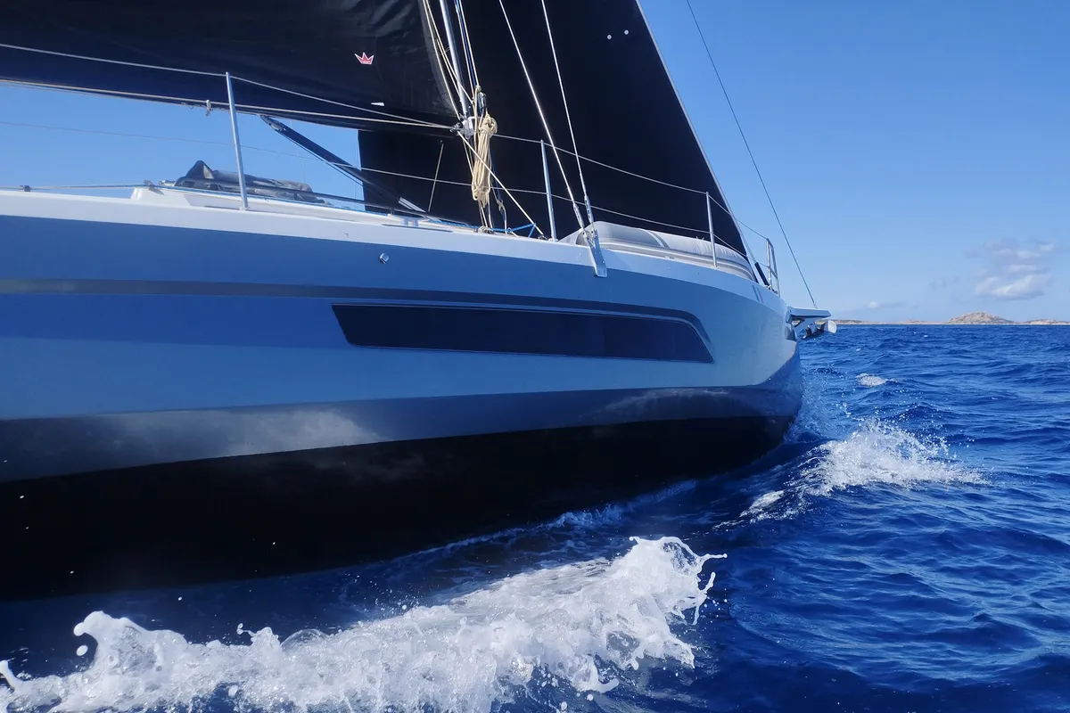 Exterior view of Viridis, a Dufour 37 sailboat at Olbia, Italy
