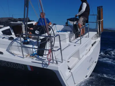 Cockpit of Viridis, a Dufour 37 sailboat at Olbia, Italy