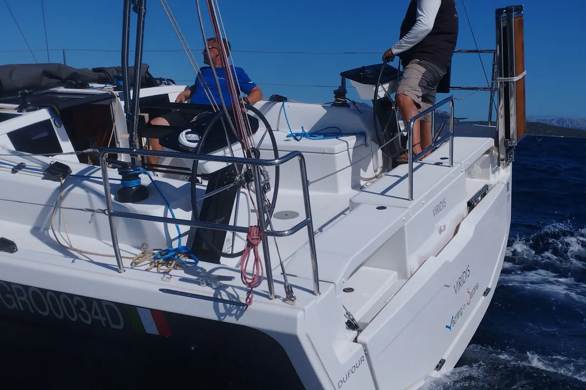 Cockpit of Viridis, a Dufour 37 sailboat at Olbia, Italy