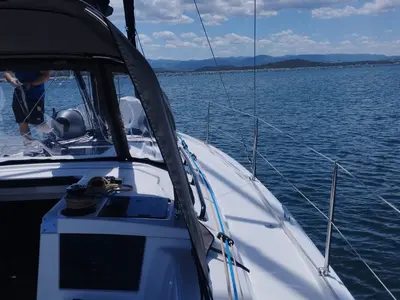 Deck of Viridis, a Dufour 37 sailboat at Olbia, Italy