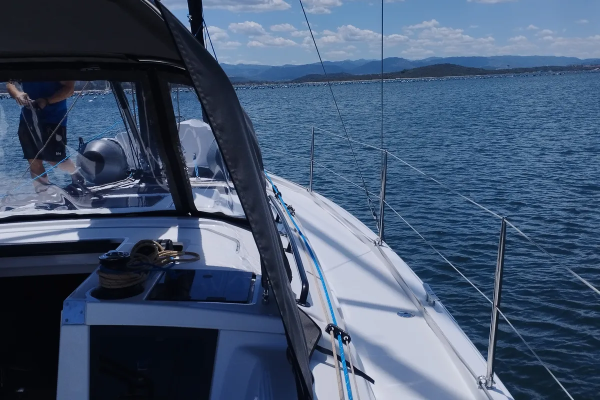 Deck of Viridis, a Dufour 37 sailboat at Olbia, Italy