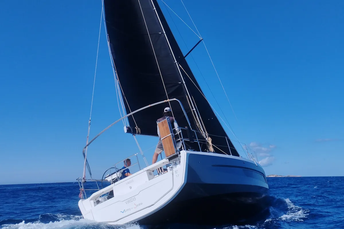 Exterior view of Viridis, a Dufour 37 sailboat at Olbia, Italy