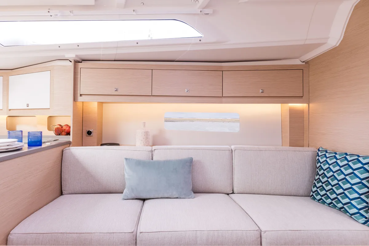 Salon of Viridis, a Dufour 37 sailboat at Olbia, Italy