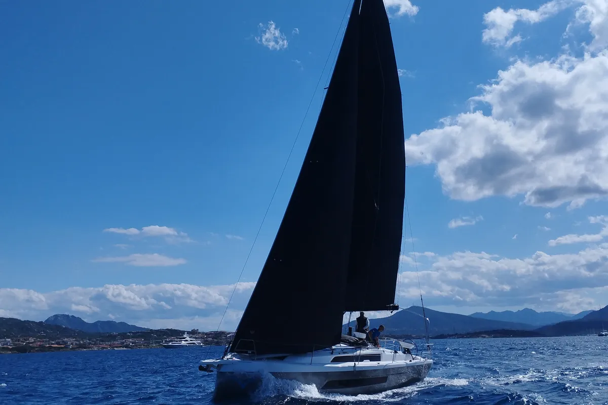 Exterior view of Viridis, a Dufour 37 sailboat at Olbia, Italy