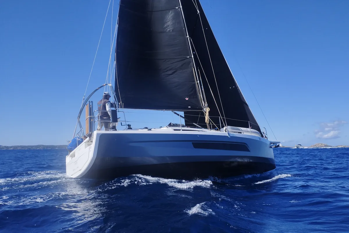 Exterior view of Viridis, a Dufour 37 sailboat at Olbia, Italy