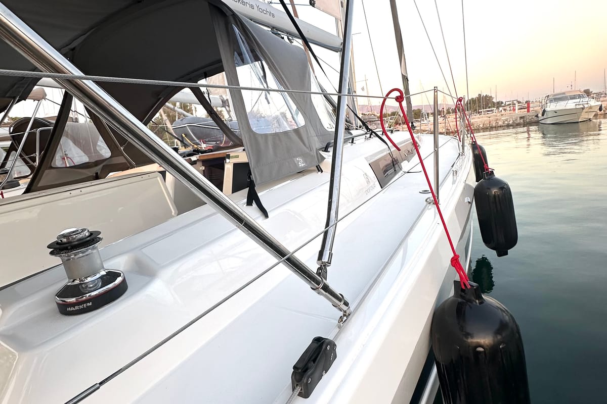 Deck of Celini, a Dufour 41 sailboat at Athens, Greece