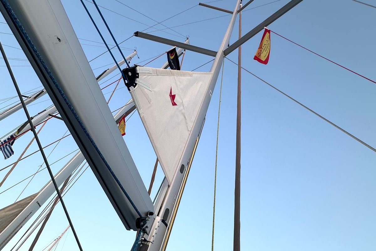 Deck of Celini, a Dufour 41 sailboat at Athens, Greece
