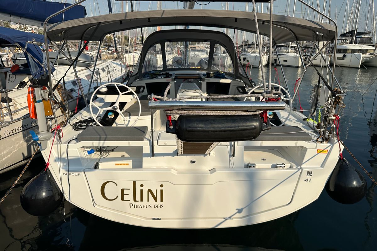 Exterior view of Celini, a Dufour 41 sailboat at Athens, Greece
