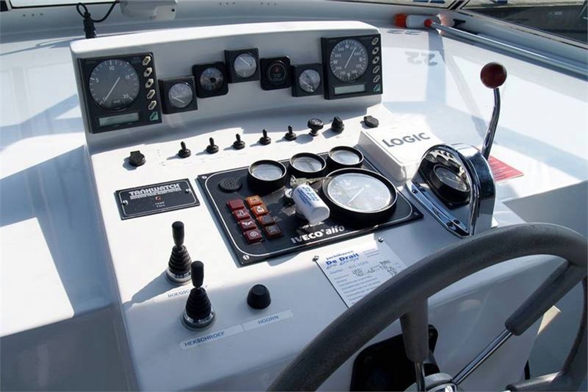 Cockpit of Drait 22, a De Drait Renal 50 motorboat at Drachten, Netherlands