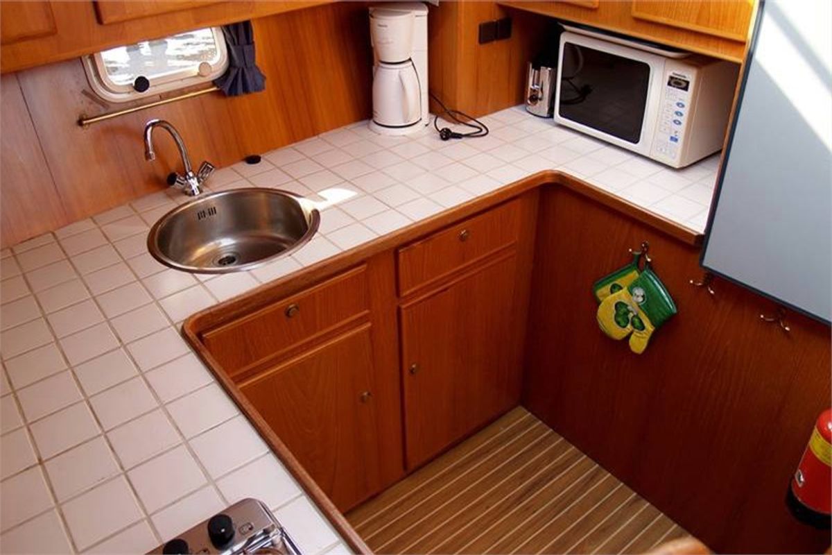 Galley of Drait 22, a De Drait Renal 50 motorboat at Drachten, Netherlands