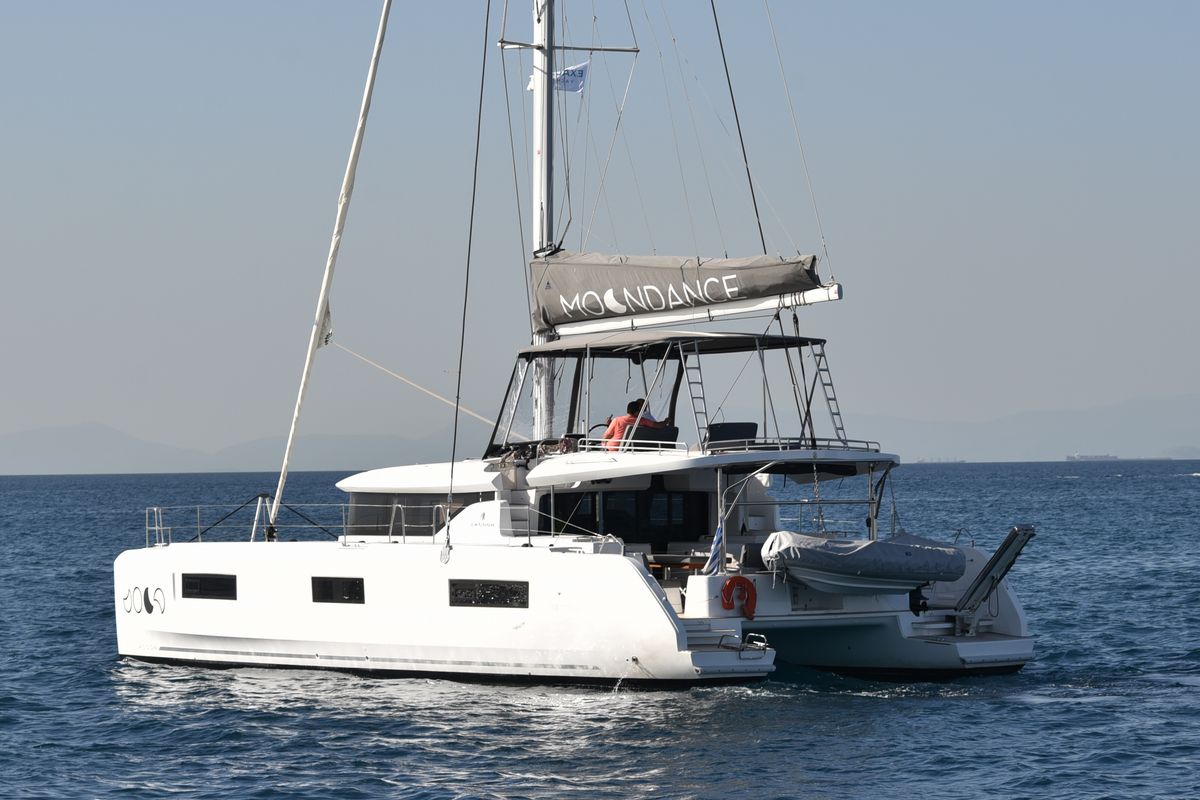 Exterior view of Moondance, a Lagoon 46 catamaran at Athens, Greece