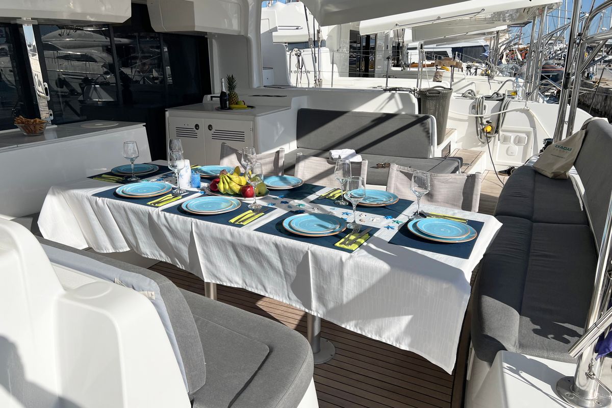 Deck of Moondance, a Lagoon 46 catamaran at Athens, Greece