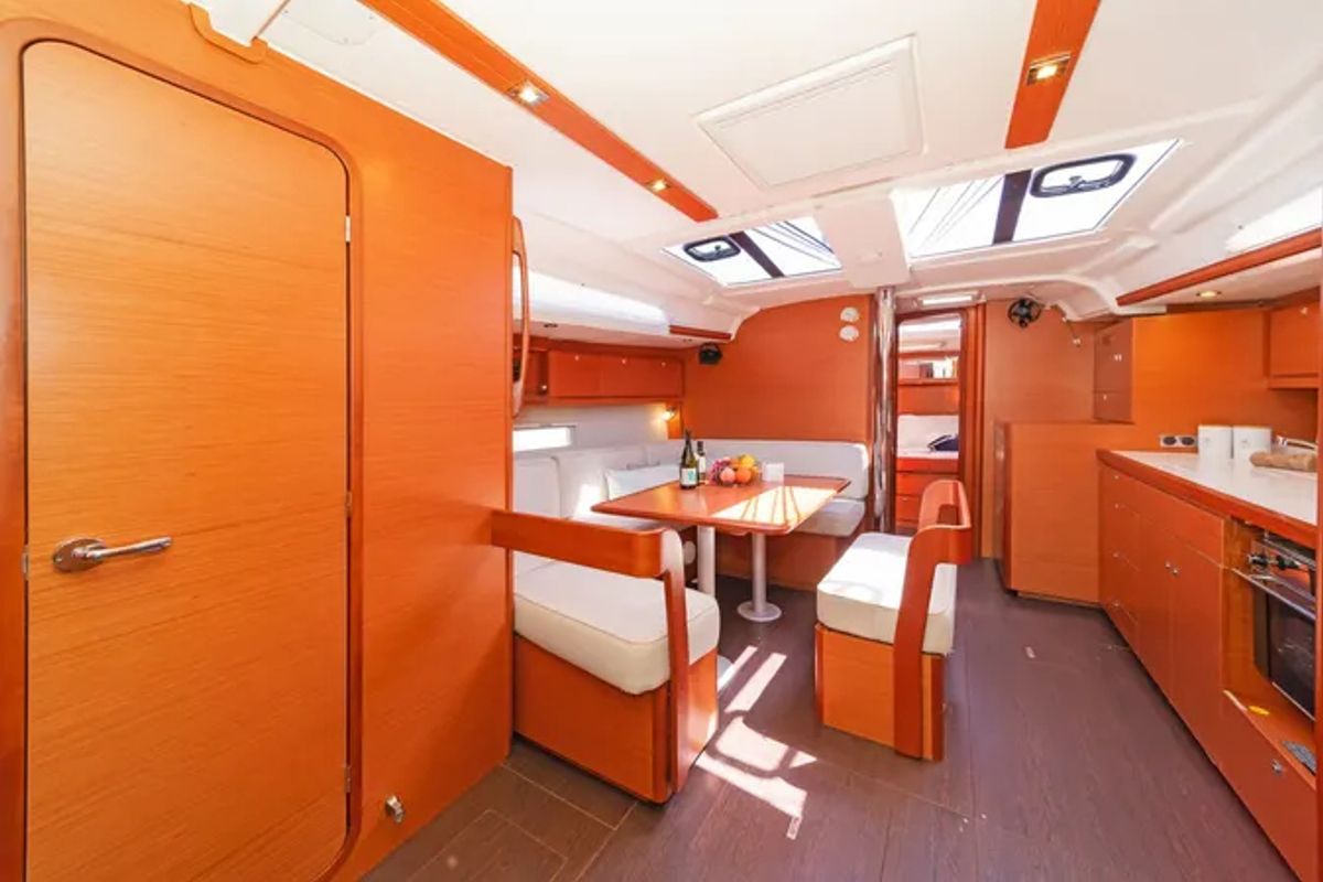 Salon of Ocean Whisper, a Dufour 430 sailboat at Port of Avdira, Greece