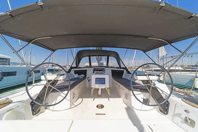 Cockpit of Ocean Whisper, a Dufour 430 sailboat at Port of Avdira, Greece