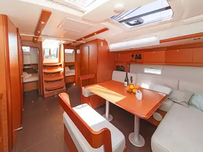 Salon of Ocean Whisper, a Dufour 430 sailboat at Port of Avdira, Greece