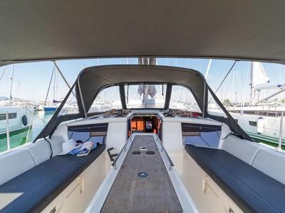 Cockpit of Ocean Whisper, a Dufour 430 sailboat at Port of Avdira, Greece