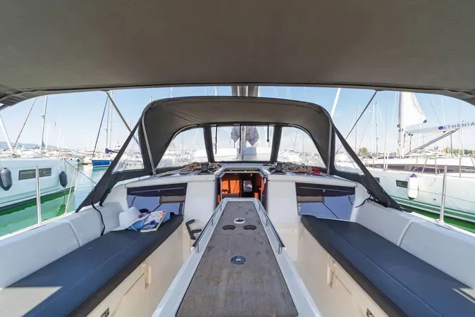 Cockpit of Ocean Whisper, a Dufour 430 sailboat at Port of Avdira, Greece