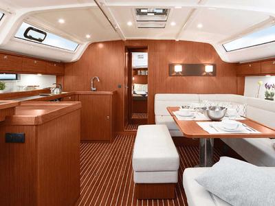 Salon of Oreo, a Bavaria Cruiser 51 sailboat at Skiathos, Greece