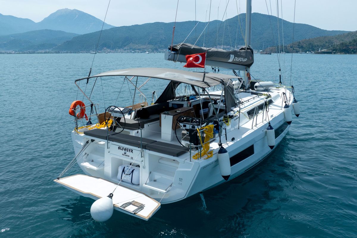 Exterior view of Alfasyr, a Dufour 44 sailboat at Fethiye, Turkey