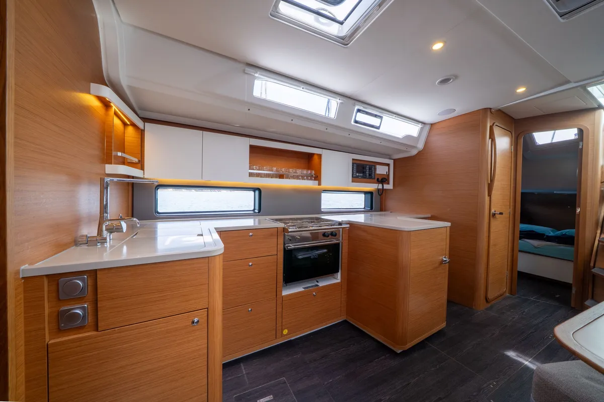Galley of Alfasyr, a Dufour 44 sailboat at Fethiye, Turkey