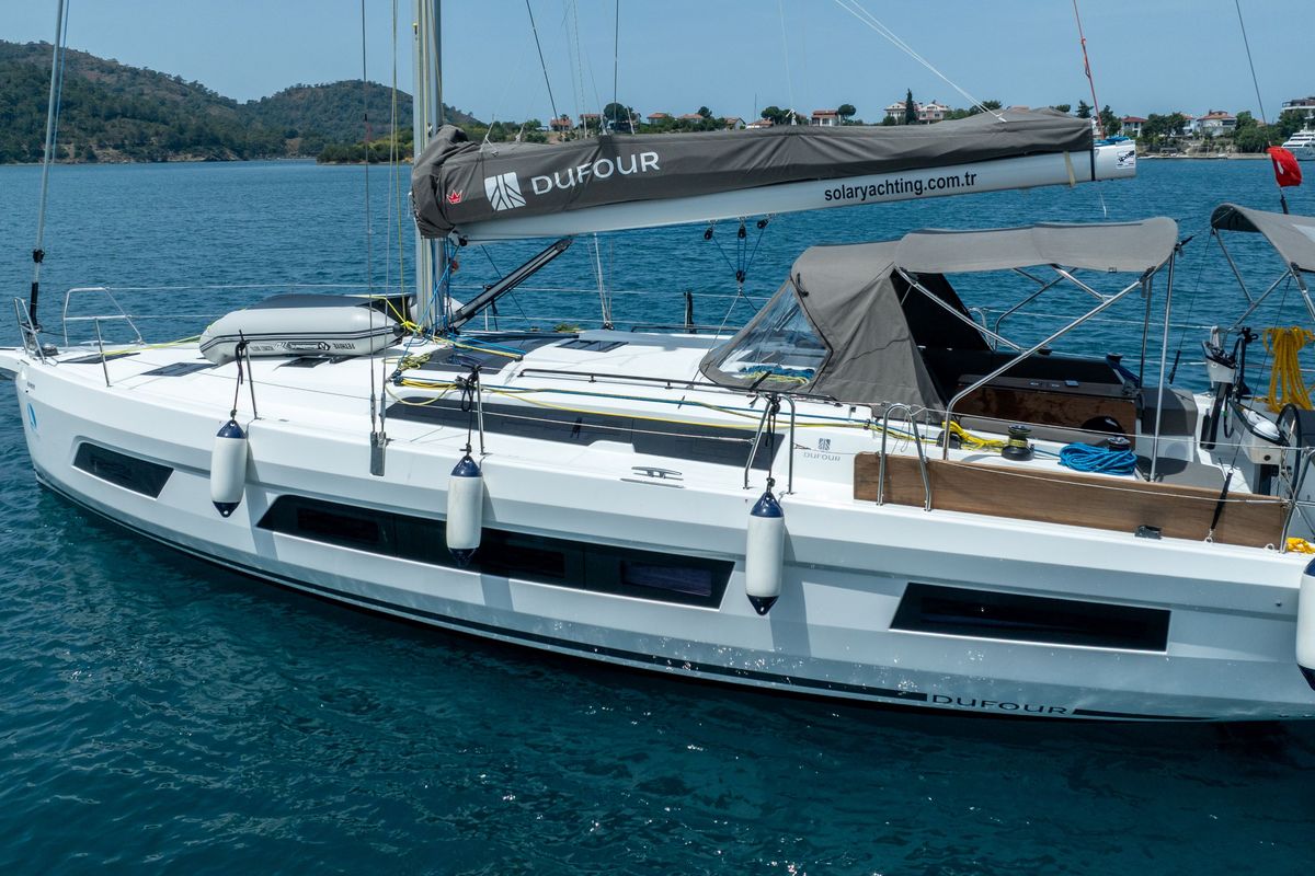 Exterior view of Alfasyr, a Dufour 44 sailboat at Fethiye, Turkey