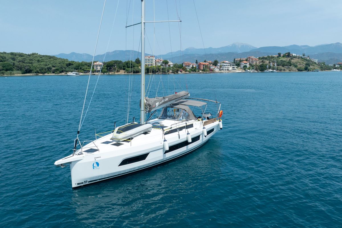 Exterior view of Alfasyr, a Dufour 44 sailboat at Fethiye, Turkey