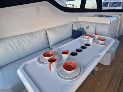 Deck of Falcon II, a Aventura Catamarans Aventura 38 SC catamaran at Cogolin, France