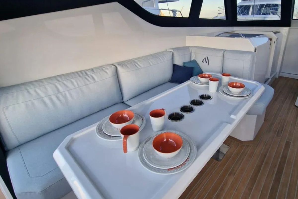 Deck of Falcon II, a Aventura Catamarans Aventura 38 SC catamaran at Cogolin, France
