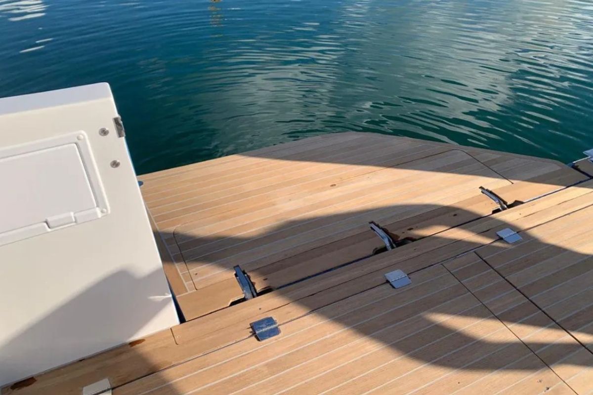 Deck of Falcon II, a Aventura Catamarans Aventura 38 SC catamaran at Cogolin, France