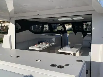 Deck of Falcon II, a Aventura Catamarans Aventura 38 SC catamaran at Cogolin, France