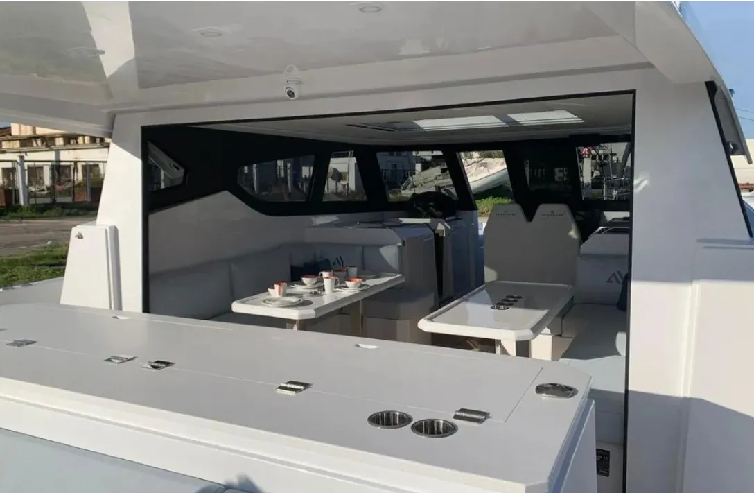 Deck of Falcon II, a Aventura Catamarans Aventura 38 SC catamaran at Cogolin, France