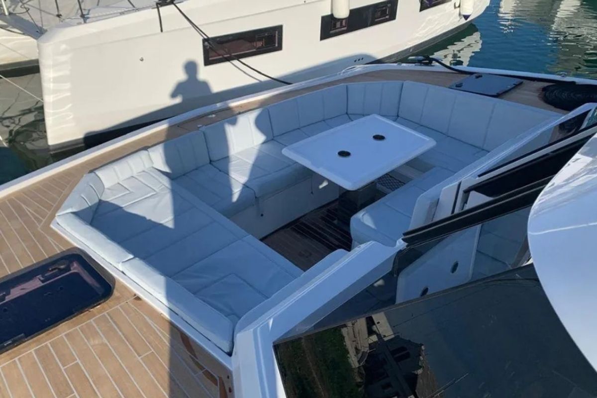 Deck of Falcon II, a Aventura Catamarans Aventura 38 SC catamaran at Cogolin, France