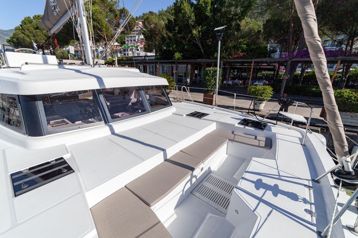 Deck of Sail Spica, a Bali Catspace catamaran at Fethiye, Turkey