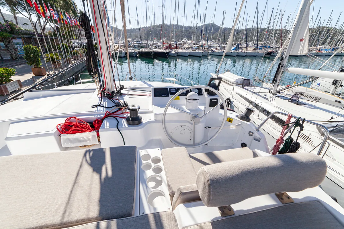 Cockpit of Sail Spica, a Bali Catspace catamaran at Fethiye, Turkey