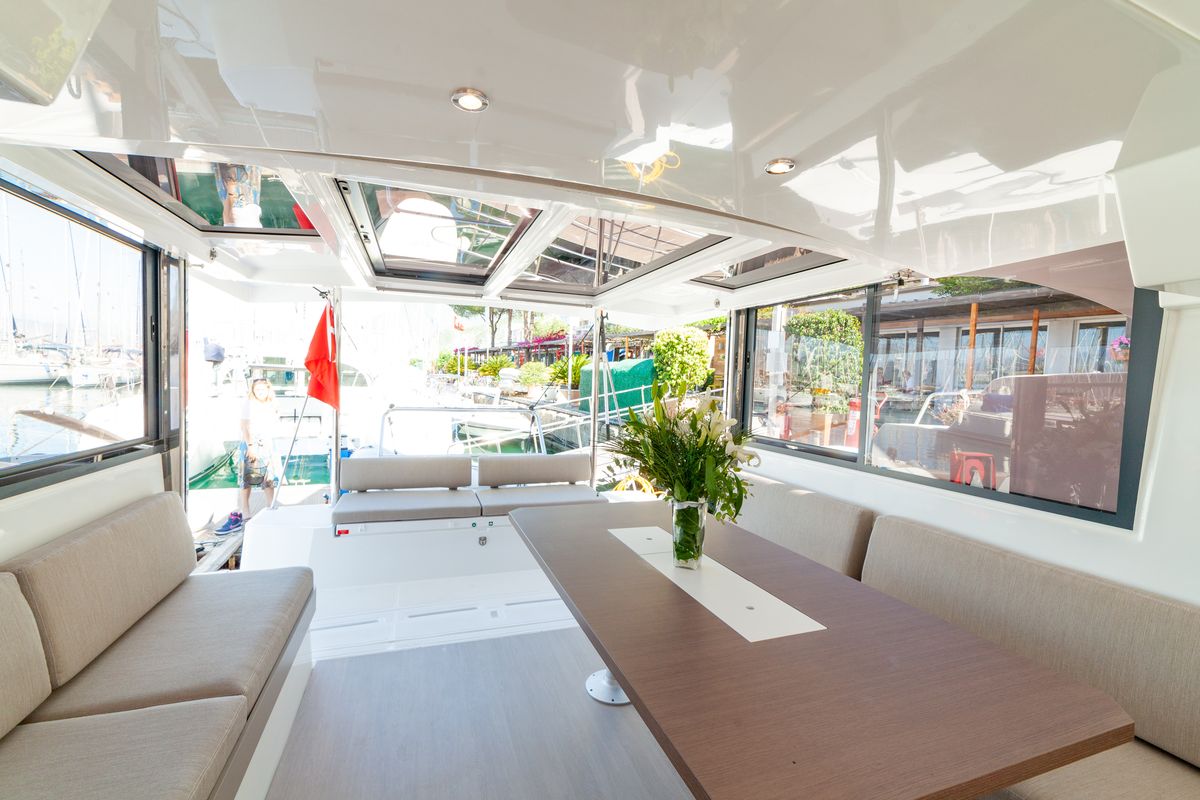 Salon of Sail Spica, a Bali Catspace catamaran at Fethiye, Turkey