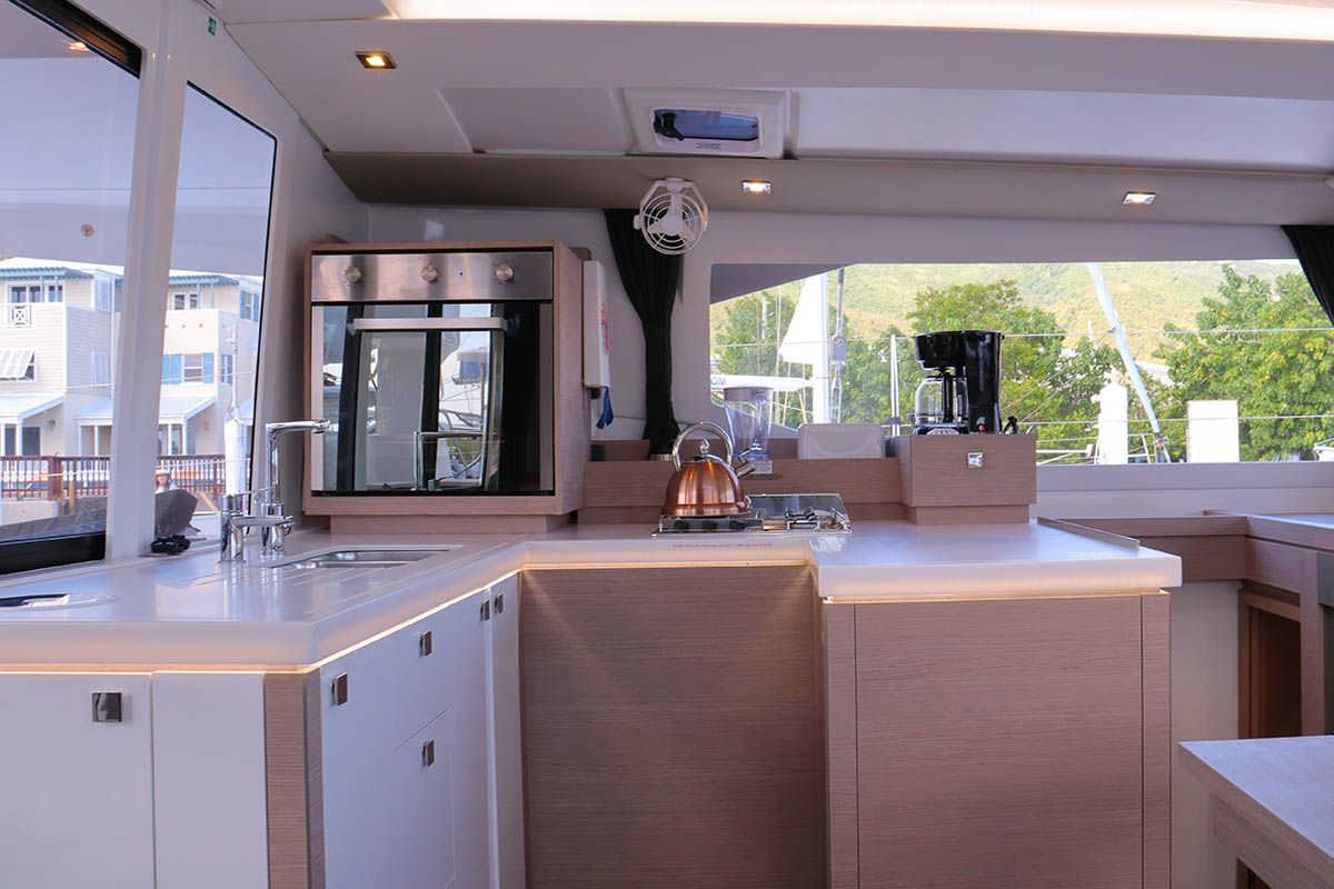 Galley of Michelle ma Belle, a Fountaine Pajot Astrea 42 Quatuor catamaran at Road Town, British Virgin Islands