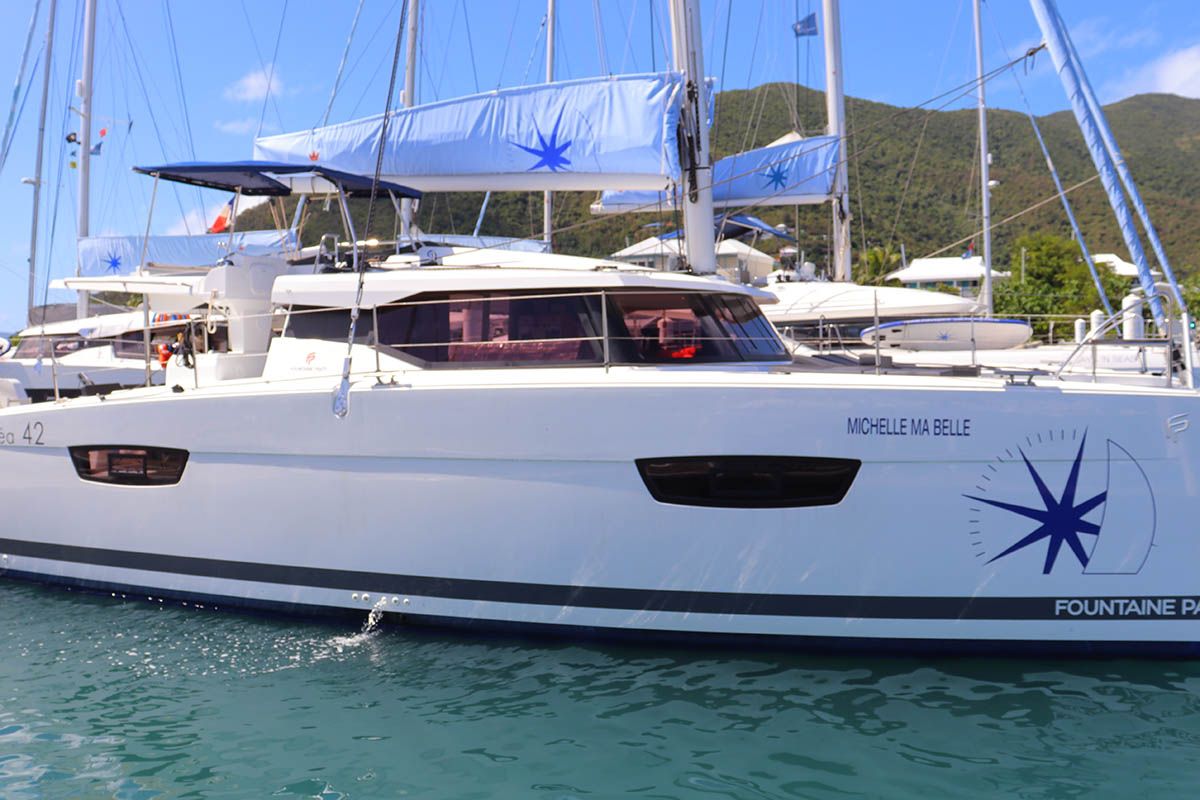 Exterior view of Michelle ma Belle, a Fountaine Pajot Astrea 42 Quatuor catamaran at Road Town, British Virgin Islands